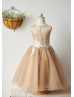 Ivory Lace Tan Tulle Knee Length Flower Girl Dress